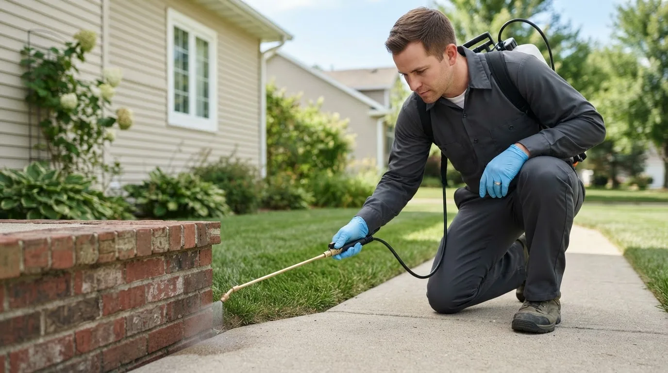 Pest control technician treating a home near Union City, MI