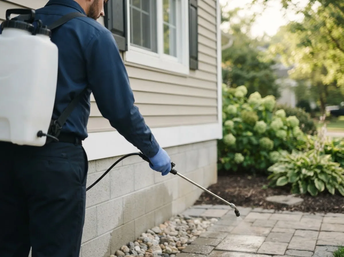 Pest control technician inspecting a home in Union City, MI
